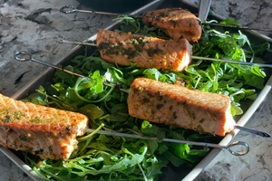 Salmon Skewers with citrus yogurt and arugula