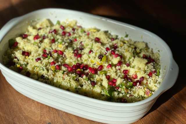 Couscous Salad with Pomegranate Seeds and Pistachios