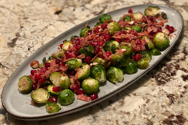 Roasted Brussel Sprouts with Pomegranate Seeds, Bacon and Nuts